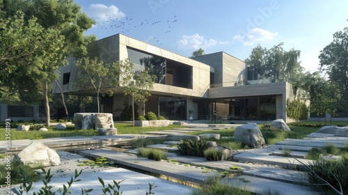 suburban farmhouse with a contemporary design, showcasing geometric shapes and a minimalist garden