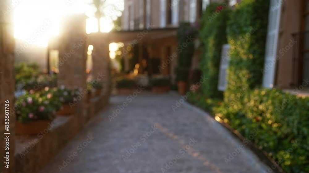 Blurred pathway with flowers and greenery leading to a stone building in mallorca, spain at sunset, showcasing an out-of-focus picturesque setting with vibrant colors and natural beauty. Blurred pathway with flowers and greenery leading to a stone building in mallorca, spain at sunset, showcasing an out-of-focus picturesque setting with vibrant colors and natural beauty.