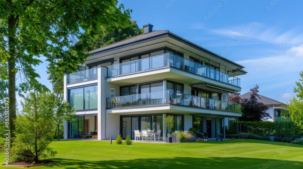 Fototapeta premium two-story suburban farmhouse with modern glass balconies, surrounded by a lush green lawn and mature trees