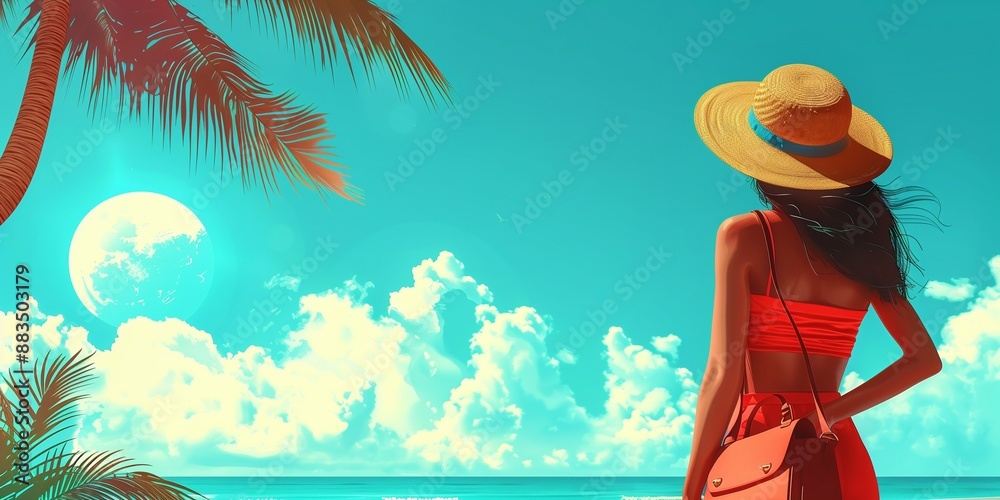 Premium high-quality travel advertisement featuring a woman on a tropical beach with lush palm trees, perfect for vacation and holiday promotions.