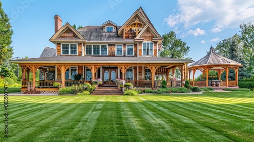 elegant suburban farmhouse with a wraparound porch, ornate wooden detailing, and a sprawling lawn with a classic gazebo © Abdul