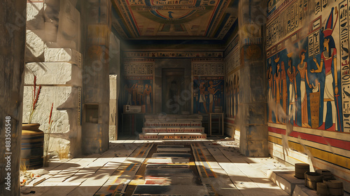 ancient Egyptian tomb interior, adorned with hieroglyphs and vibrant murals depicting gods like Horus, with sunlit stone walls casting shadows on the floor