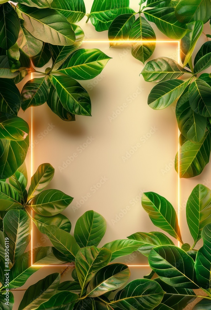Frame with tropical leaves and greenery on warm beige background, illuminated by subtle golden light Frame with tropical leaves and greenery on warm beige background, illuminated by subtle golden light
