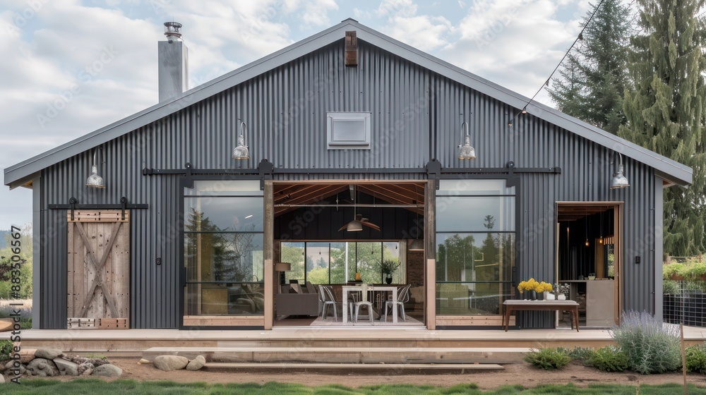 farmhouse with a modern industrial twist, featuring corrugated metal siding, large sliding barn doors, and a minimalist interior visible through oversized windows farmhouse with a modern industrial twist, featuring corrugated metal siding, large sliding barn doors, and a minimalist interior visible through oversized windows