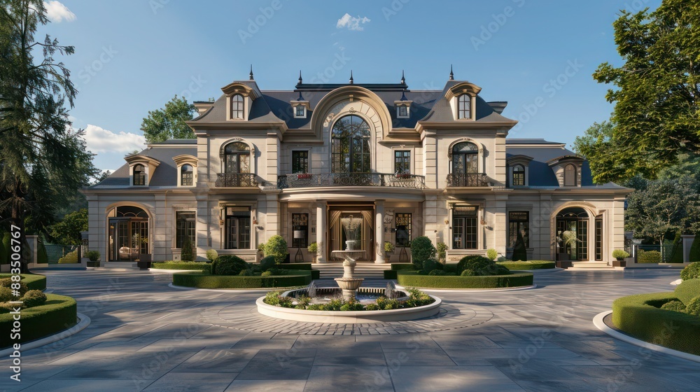 Obraz premium luxurious farmhouse with elegant French doors, a large circular driveway, and an ornamental fountain at the entrance