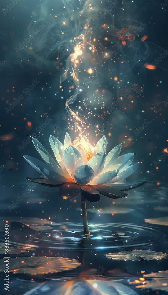 Glowing white lotus flower floating on water surrounded by magical light particles Glowing white lotus flower floating on water surrounded by magical light particles
