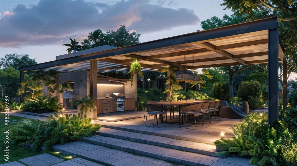Fototapeta premium modern farmhouse with an outdoor kitchen and dining area under a pergola, surrounded by a lush garden and soft landscape lighting