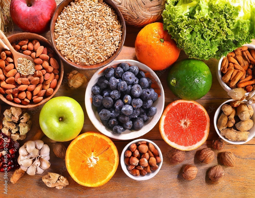 Healthy food background from fruits, vegetables, cereal, nuts and superfood. Dietary and balanced vegetarian eating products on kitchen table top view Healthy food background from fruits, vegetables, cereal, nuts and superfood. Dietary and balanced vegetarian eating products on kitchen table top view