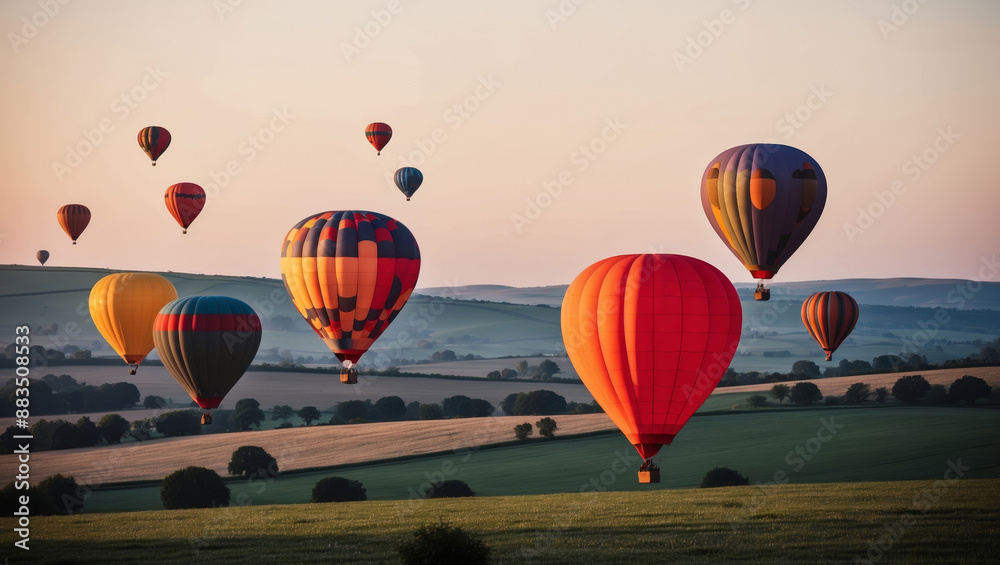 Obraz premium Colorful Hot Air Balloons Over Serene Countryside at Dawn