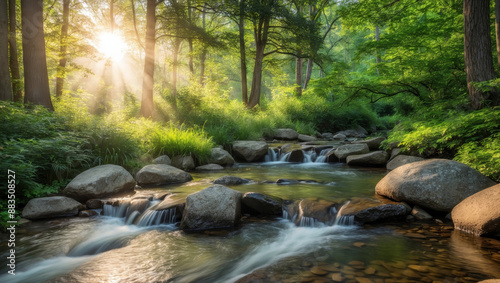 Tranquil Forest Stream with Sunlight Filtering Through Trees
