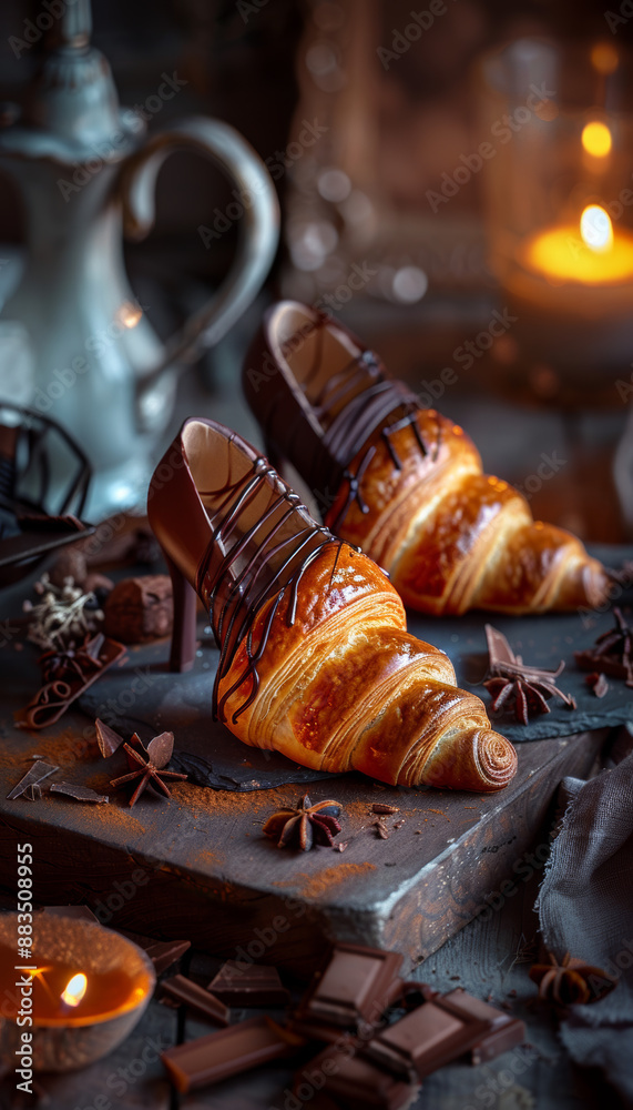 Chocolate croissants in the shape of high heels shoes Chocolate croissants in the shape of high heels shoes