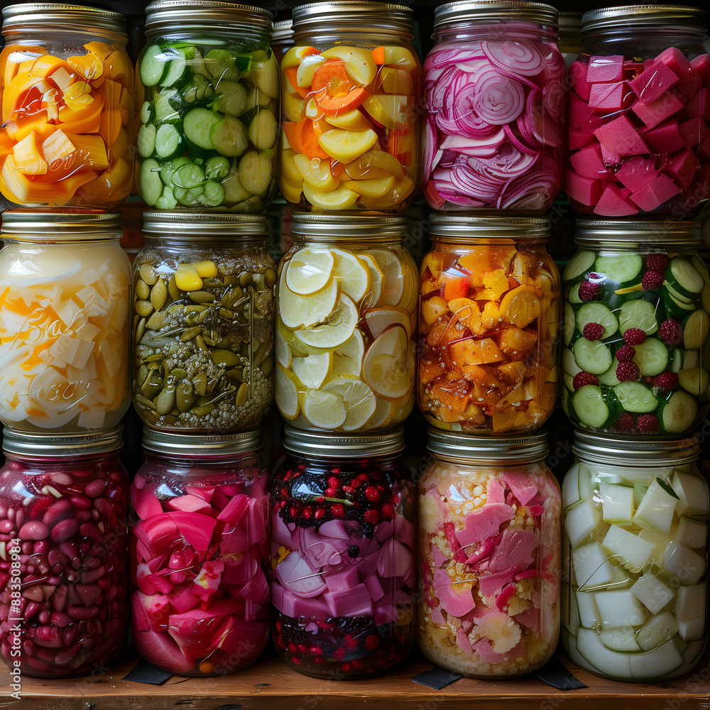 jars of fruit, fermented fruits and vegetables