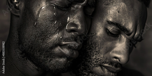 Unshedded No More: Two men, tears streaming down their cheeks, lean in close, sharing a moment of vulnerability. photo