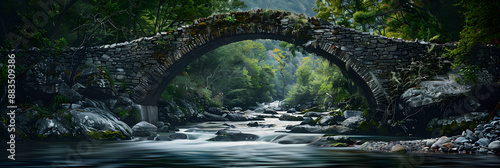 Timeless Durability: The Unyielding Strength of a Weathered Stone Bridge Over a Tumultuous River photo