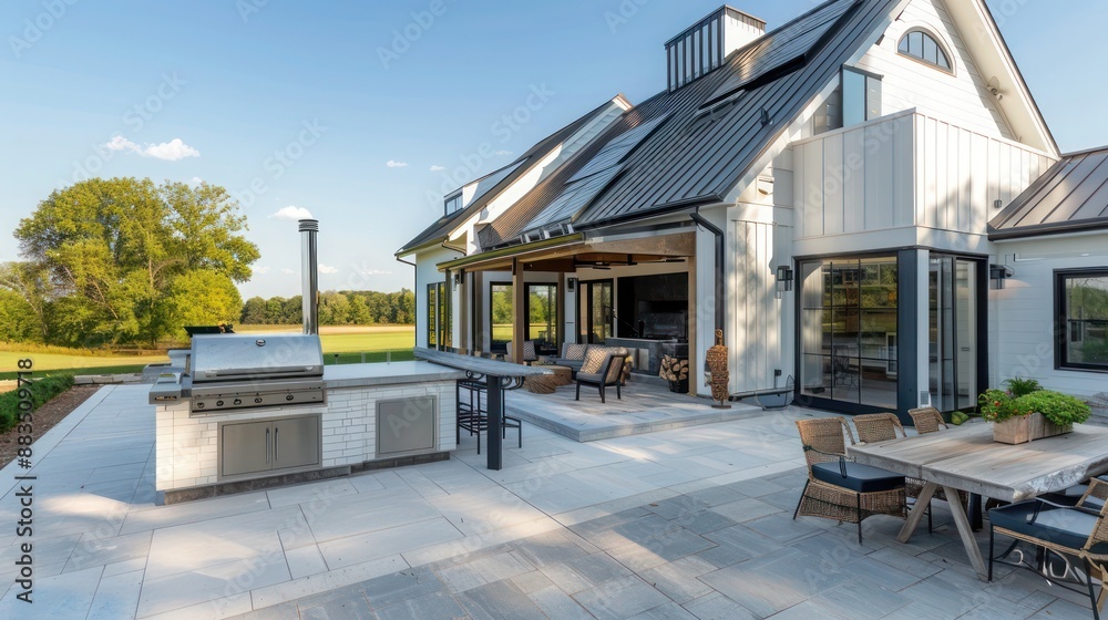 newly built farmhouse with a blend of modern and traditional elements, featuring an expansive patio area with a built-in grill and seating newly built farmhouse with a blend of modern and traditional elements, featuring an expansive patio area with a built-in grill and seating