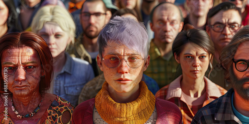 Common Thread: A group of people of various ages and backgrounds, linked by an invisible force, standing close together.