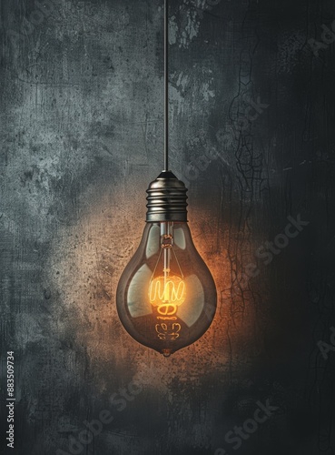 A Single Illuminated Vintage Light Bulb Hanging Against a Gray Textured Wall