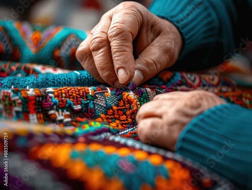 Crafting hands creating ecofriendly DIY projects, upcycled materials and colorful textiles, focus on sustainability and creativity