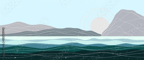 Sea water landscape, web banner, beach sea shore with mountains, sun, turquoise water, flat illustration, outdoors, vacation, printable design