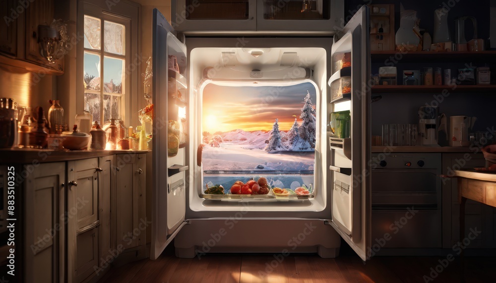 Frozen produce in the door of an open refrigerator with a sunset window view. Frozen produce in the door of an open refrigerator with a sunset window view.