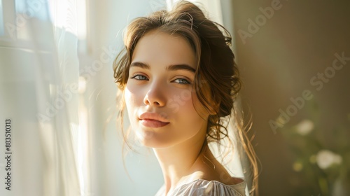 A woman with radiant skin standing by a window with natural light streaming in. Her skin is smooth and healthy. Perfect for content about natural skincare and a healthy lifestyle.