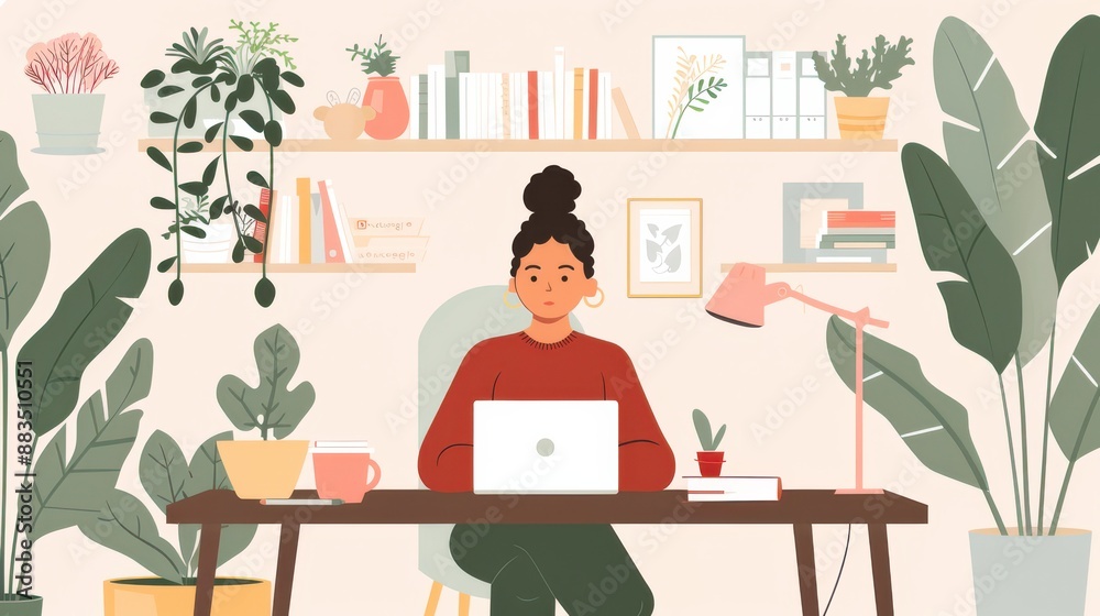 A woman working from home sitting at a desk with a laptop and a cup of coffee. Her environment is cozy and well-lit, with potted plants and books on shelves. Perfect for content related to remote work A woman working from home sitting at a desk with a laptop and a cup of coffee. Her environment is cozy and well-lit, with potted plants and books on shelves. Perfect for content related to remote work