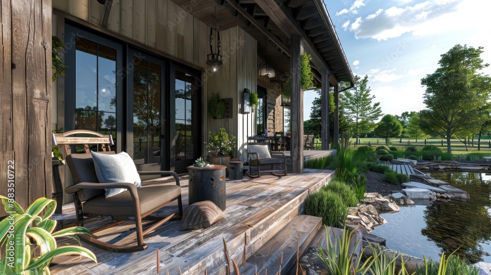 rustic-modern blend in a farmhouse design, with a front porch featuring reclaimed wood and industrial metal detailing, overlooking a natural pond rustic-modern blend in a farmhouse design, with a front porch featuring reclaimed wood and industrial metal detailing, overlooking a natural pond