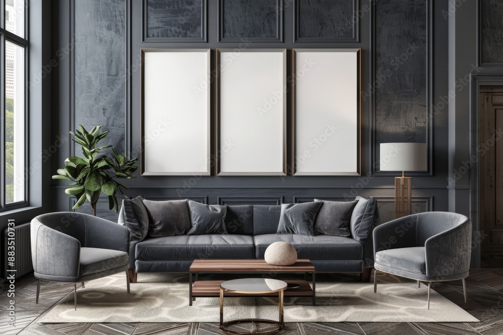 Mockup poster frame on the wall of living room. Luxurious apartment background with contemporary design. Modern interior design. 3D render