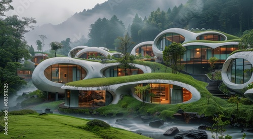 Modern Architecture Integrated With Lush Greenery in a Misty Mountainside Set...