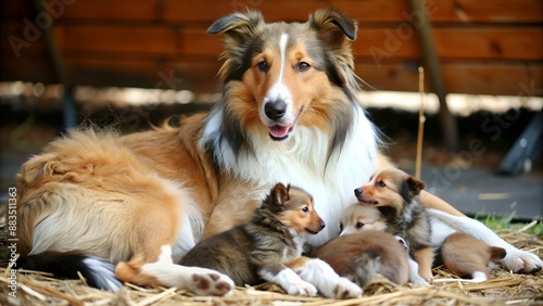 Collie Hündin säugt ihre Welpen photo