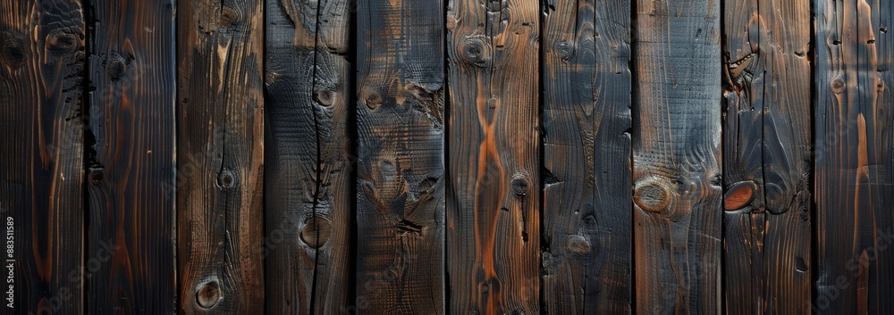 Fototapeta premium Dark Brown Wooden Plank Wall With Charred Edges