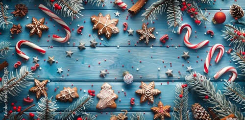 Festive Christmas Decorations on Blue Wooden Background