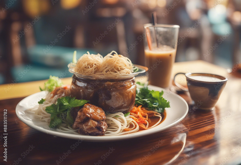 Bun cha with grilled pork and vermicelli on a colorful plate with a glass of Vietnamese iced coffee Bun cha with grilled pork and vermicelli on a colorful plate with a glass of Vietnamese iced coffee