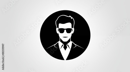 Black and white minimalist icon of a man in a suit with sunglasses