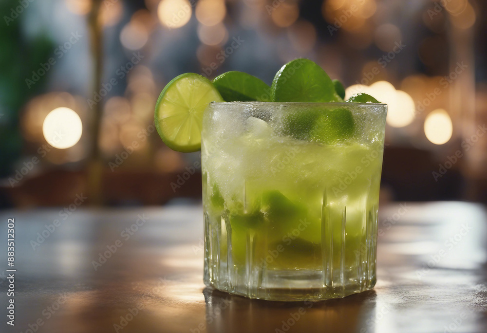 Caipirinha in a rustic glass with fresh lime and sugar cane in a high-end Brazilian restaurant Caipirinha in a rustic glass with fresh lime and sugar cane in a high-end Brazilian restaurant