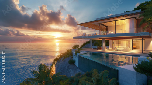 Exterior view of beautiful luxury villa house, ocean, sunset © Villas