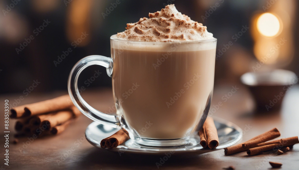 Chai latte in a glass mug with cinnamon and cardamom pods in a sophisticated Indian cafe Chai latte in a glass mug with cinnamon and cardamom pods in a sophisticated Indian cafe
