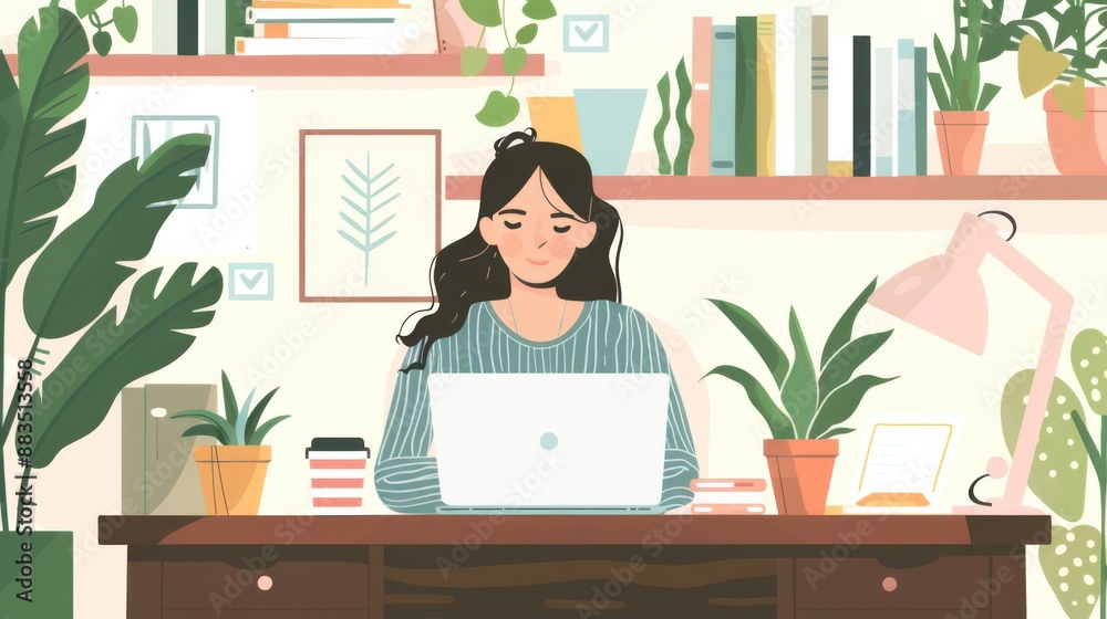 A woman working from home sitting at a desk with a laptop and a cup of coffee. Her environment is cozy and well-lit, with potted plants and books on shelves. Perfect for content related to remote work A woman working from home sitting at a desk with a laptop and a cup of coffee. Her environment is cozy and well-lit, with potted plants and books on shelves. Perfect for content related to remote work