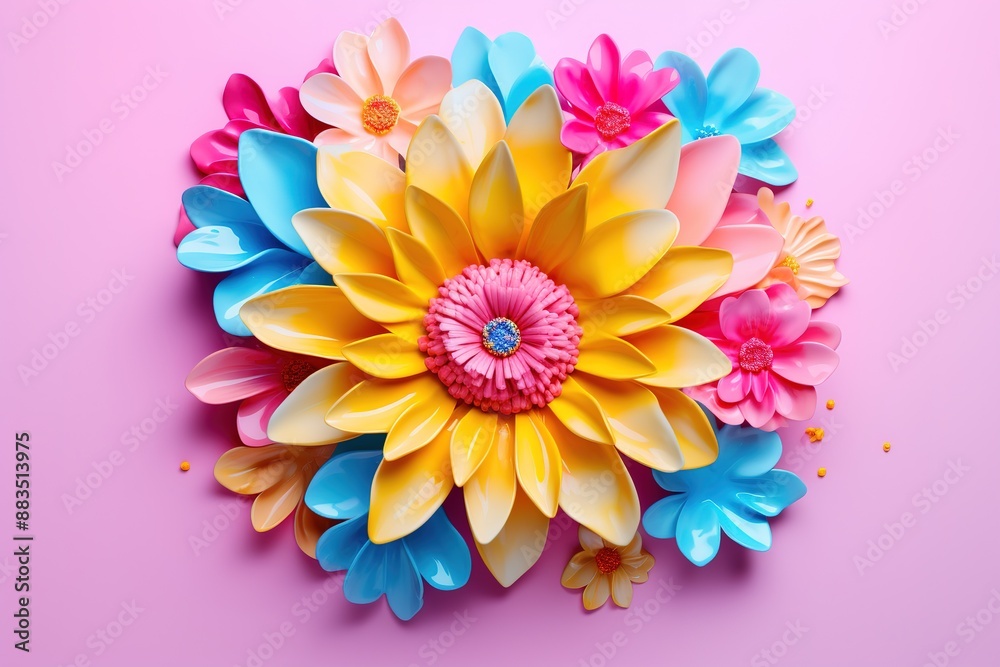 Colorful flower on pink background with blue and yellow accents Colorful flower on pink background with blue and yellow accents