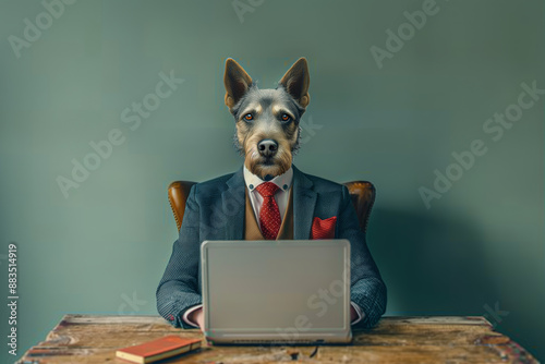 A Canine Executive's Day: Dog-Headed Man Working on Laptop in a Modern Home Office photo