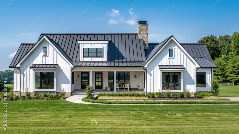 suburban farmhouse with a bold modern twist, featuring asymmetrical design elements and a striking metal roof