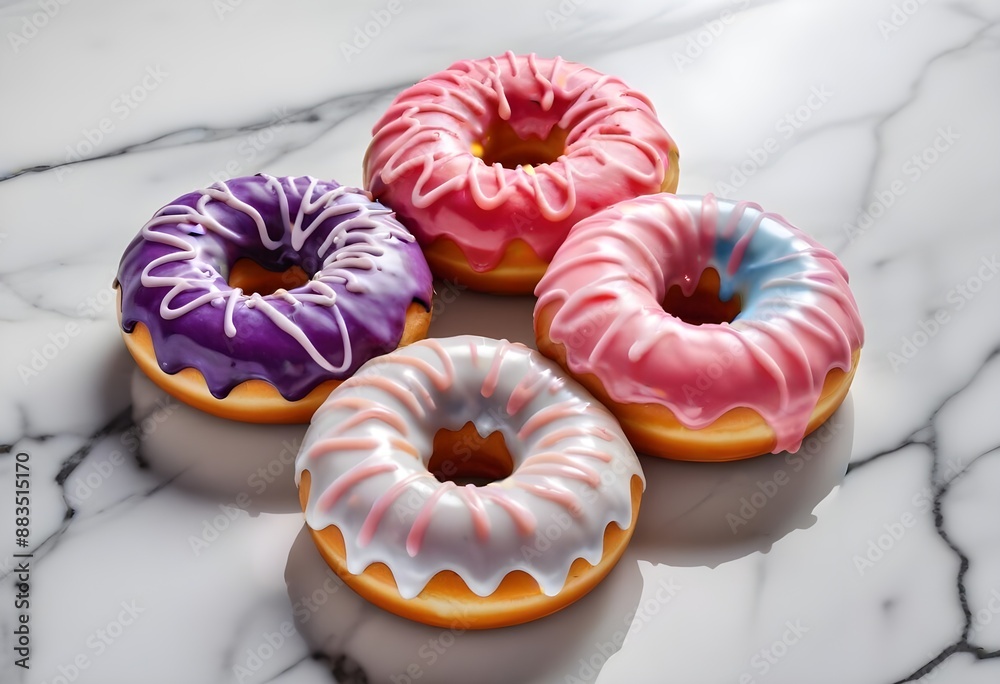 Colorful glazed donuts with a swirled pattern on a marble surface Colorful glazed donuts with a swirled pattern on a marble surface