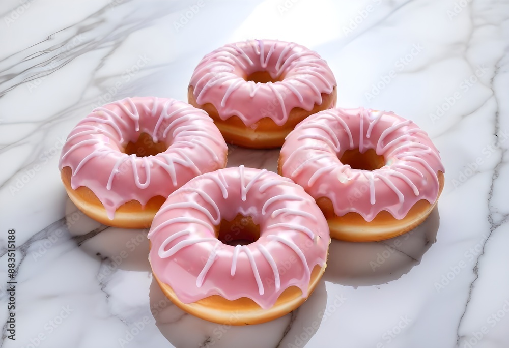 Colorful glazed donuts with a swirled pattern on a marble surface Colorful glazed donuts with a swirled pattern on a marble surface
