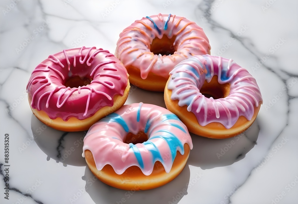 Colorful glazed donuts with a swirled pattern on a marble surface Colorful glazed donuts with a swirled pattern on a marble surface