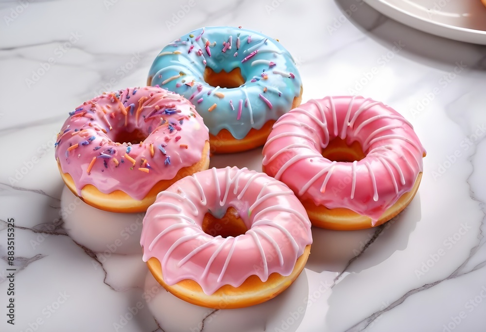 Colorful glazed donuts with a swirled pattern on a marble surface Colorful glazed donuts with a swirled pattern on a marble surface