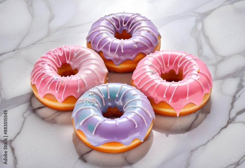 Colorful glazed donuts with a swirled pattern on a marble surface Colorful glazed donuts with a swirled pattern on a marble surface