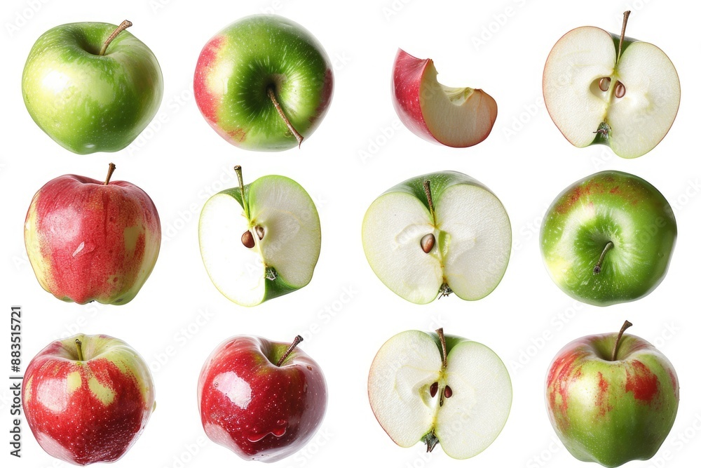 A group of apples cut in half lying on a white surface A group of apples cut in half lying on a white surface