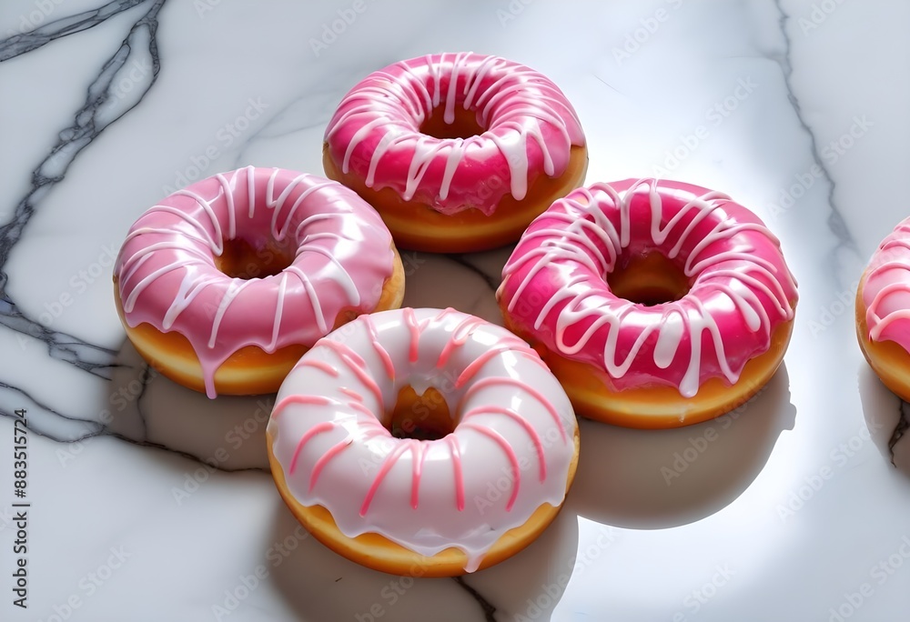 Colorful glazed donuts with a swirled pattern on a marble surface Colorful glazed donuts with a swirled pattern on a marble surface