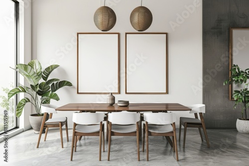 Mockup poster frames on the wall of dinning room. Interior mockup. Apartment background. Modern Japandi interior design. 3D render