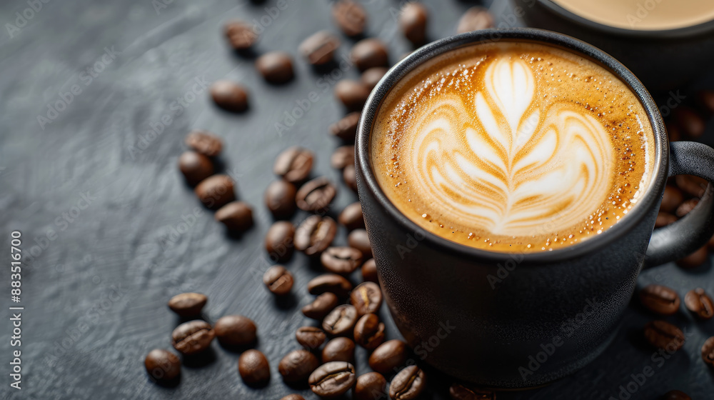 Close-Up of a Beautifully Crafted Latte Art in a Black Ceramic Mug with Coffee Beans on a Dark Background Close-Up of a Beautifully Crafted Latte Art in a Black Ceramic Mug with Coffee Beans on a Dark Background